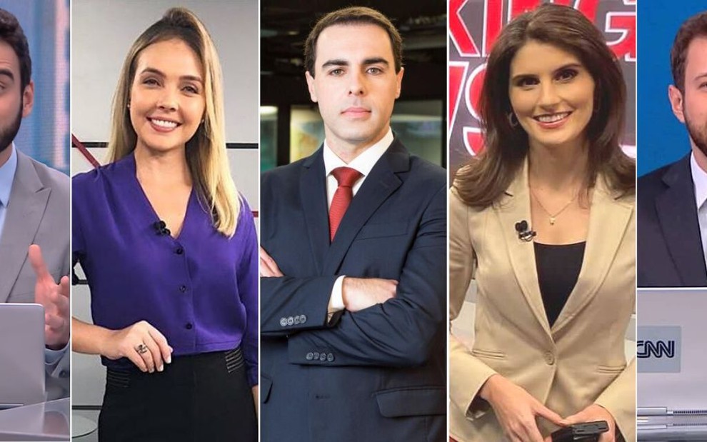 Montagem com as imagens dos jornalistas Evandro Cini, Taís Lopes, Rafael Colombo, Carol Nogueira e Cassius Zeilmann na CNN Brasil