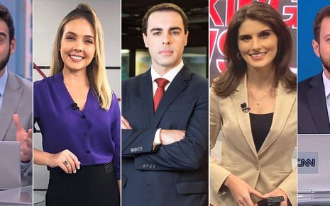 Montagem com as imagens dos jornalistas Evandro Cini, Taís Lopes, Rafael Colombo, Carol Nogueira e Cassius Zeilmann na CNN Brasil