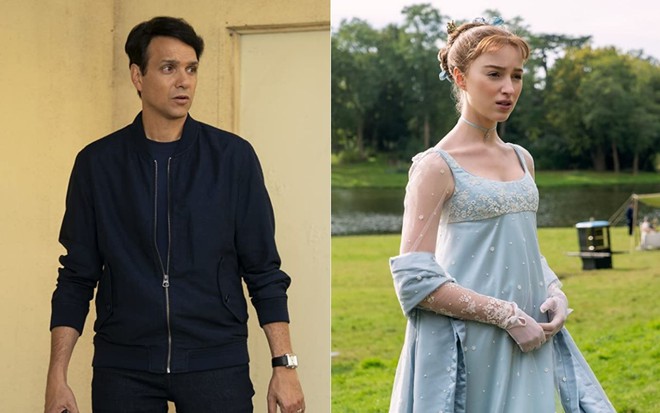 Montagem com fotos de Ralph Macchio em Cobra Kai e Phoebe Dynevor em Bridgerton