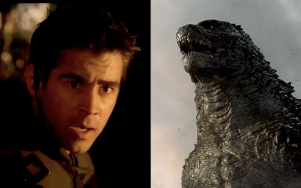 Montagem do ator Colin Farrell no filme SWAT e da computação gráfica do vilão de Godzilla