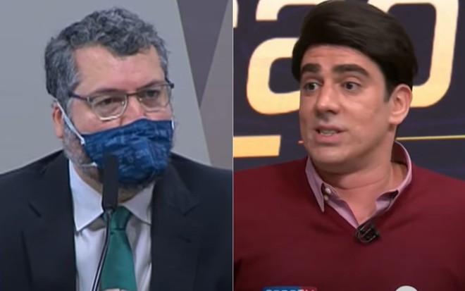 Montagem de fotos com Ernesto Araújo na CPI da Covid, e Marcelo Adnet em participação antiga no SporTV