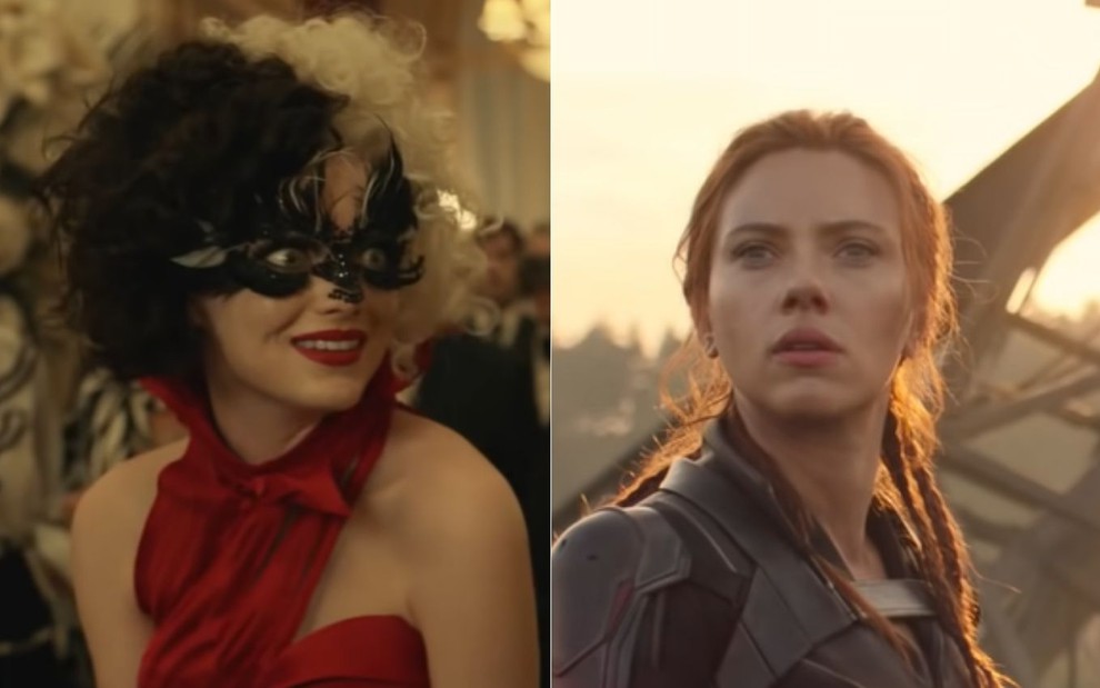 Montagem com foto de Emma Stone caracterizada como Cruella e foto de Scarlett Johansson caracterizada como Viúva Negra
