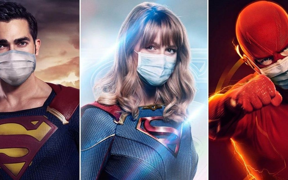 Tyler Hoechlin, vestido de Superman; Melissa Benoist, vestida de Supergirl; e Grant Gustin vestido de Flash aparecem com máscara no rosto em cartazes