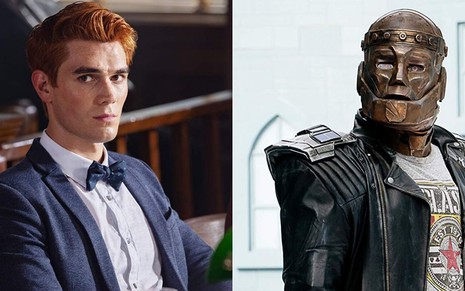 KJ Apa, de terno e gravata borboleta, em cena de Riverdale, e Riley Shanahan, com máscara do Homem-Robô, em Doom Patrol