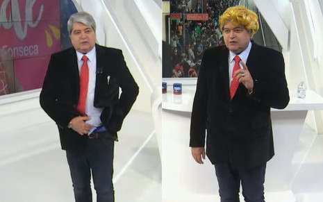 Montagem com momentos em que Datena mostra pedaço de sua cueca e aparece usando peruca loira 'de Trump' no Brasil Urgente