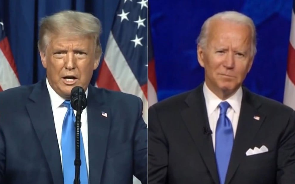Montagem de fotos com os candidatos Donald Trump e Joe Biden, que farão debate hoje