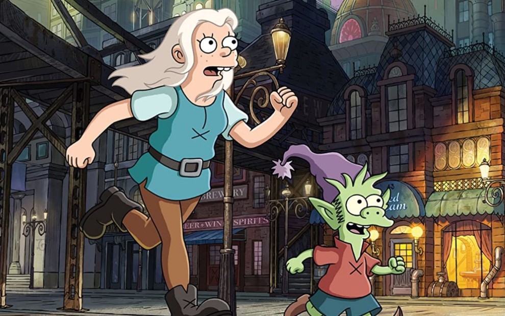Bean e Elfo correm em cena da terceira temporada de (Des)encanto