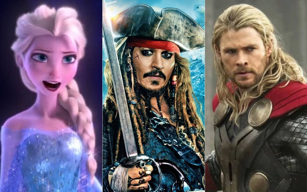 Montagem com Elsa, de Frozen; Jack Sparrow (Johnny Depp), de Piratas do Caribe; e Thor (Chris Hemsworth), dos filmes da Marvel