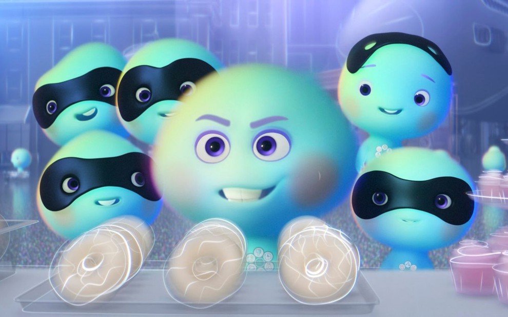 Cena do curta 22 Contra a Terra, da Disney Pixar, com a personagem Alma 22 cercada de pequenas almas