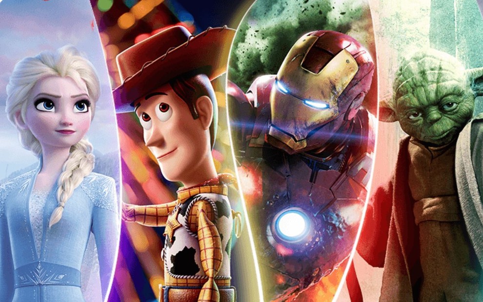 Imagem de divulgação do Disney +, com Frozen, Toy Story, Vingadores e Star Wars