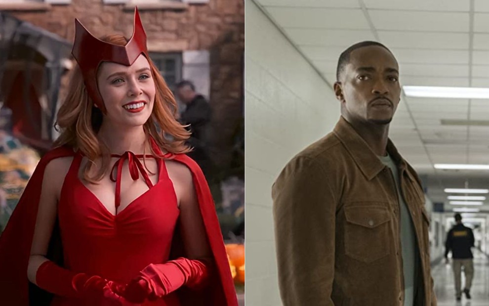 Montagem com cenas de Elizabeth Olsen em WandaVision e Anthony Mackie em Falcão e o Soldado Invernal