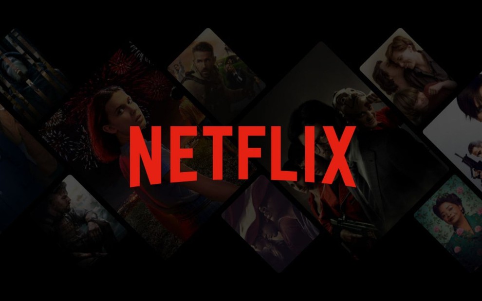 Imagem de divulgação do serviço de streaming Netflix com algumas capas de séries da plataforma atrás do logo da marca