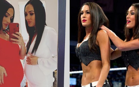 Montagem com duas fotos das gêmeas Nikki e Brie Bella: à esq, elas posam diante do espelho exibindo as barrigas de grávidas; à dir, as duas em cima de um ringue da WWE