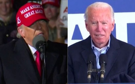 Montagem de fotos com os candidatos Donald Trump e Joe Biden, que disputam eleições nos Estados Unidos