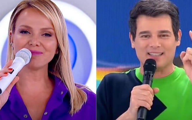 Montagem de fotos com Eliana no cenário de seu programa e de Celso Portiolli no Passa ou Repassa, ambos do SBT