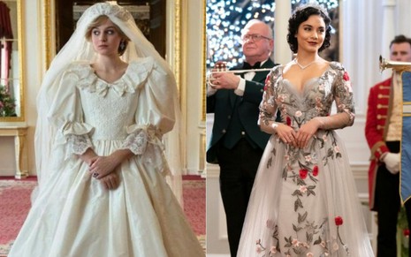 Montagem: Emma Corrin usa um vestido de noiva como a princesa Diana em The Crown, e Vanessa Hudgens usa um vestido de festa florido em A Princesa e a Plebeia 2