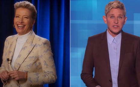 Montagem de fotos com a atriz Emma Thompson (à esquerda) no filme Talk-show - Reinventando a Comédia, e com a apresentadora Ellen DeGeneres (à direita) em seu programa homônimo, na NBC