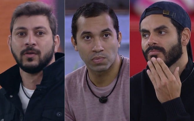 Montagem de fotos com Caio Afiune, Gilberto Nogueira e Rodolffo no Jogo da Discórdia do BBB21, da Globo