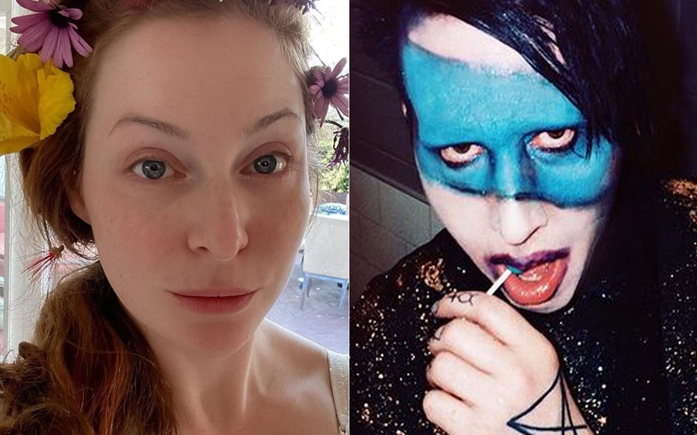 Esmé Bianco com o cabelo preso cheio de flores; Marilyn Manson com pirulito na boca e uma faixa azul pintada no rosto