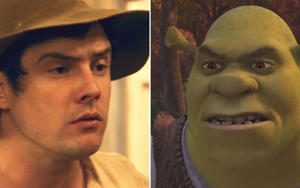 Montagem de fotos os personagens Candinho (Sergio Guizé) em Êta Mundo Bom! e Shrek no terceiro filme da franquia
