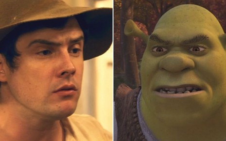 Montagem de fotos os personagens Candinho (Sergio Guizé) em Êta Mundo Bom! e Shrek no terceiro filme da franquia