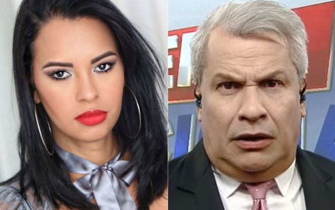 Ex-BBB Ariadna fazendo carão de batom vermelho e brinco de argolas; Sikêra Jr. no estúdio do Alerta Nacional