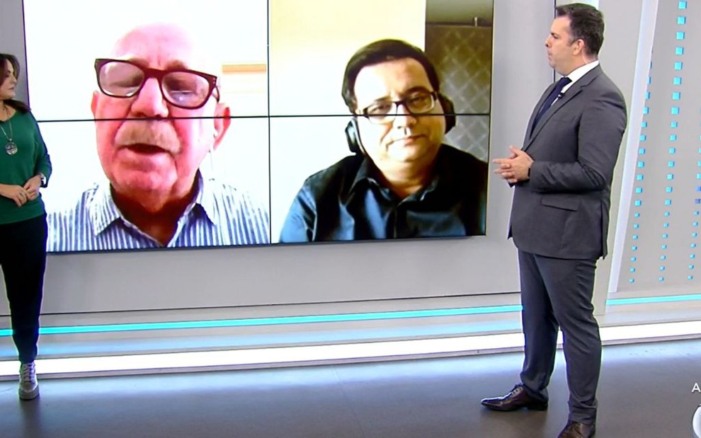 Fabíola Reipert e Matheus Furlan conversam com Ricardo Lombardi e Geraldo Luís, via Skype, no Balanço Geral, em 17 de março de 2020