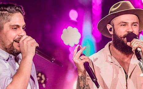 Jorge & Mateus em registro de show publicado no Facebook da dupla: Jorge está de camisa azul clara com o microfone na mão, e Mateus usa chapéu marrom com uma camisa bege