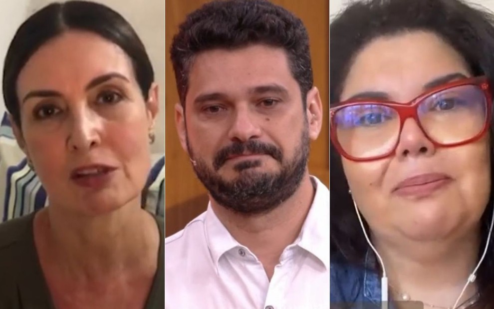 Fátima Bernardes, Fabiana Karla e André Curvello em depoimentos exibidos no Encontro, com expressões tristes