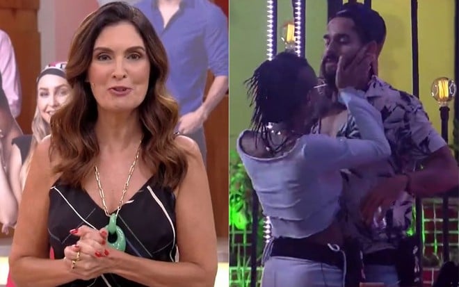 Fátima Bernardes ao vivo no Encontro com vestido preto; Karol Conká assediando Arcrebiano (Bil) no BBB21