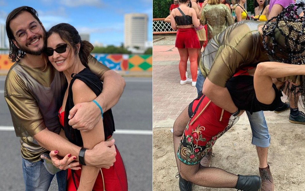 Fátima Bernardes e Túlio Gadêlha se beijam em bloco carnavalesco no Recife