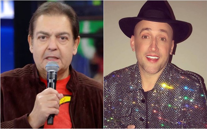 Faustão olha para frente, usa jaqueta marrom e segura o microfone; Paulo Gustavo olha para frente, usa chapéu preto e blusa prateada com brilho