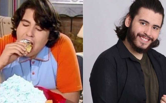 Montagem de fotos de Filipe Cavalcante como Rafa em Chiquititas (à esquerda) e em ensaio de moda em dezembro de 2019  (à direita)