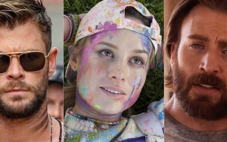 Montagem de fotos com Chris Hemsworth, Brie Larson e Chris Evans em cenas de filmes originais da Netflix