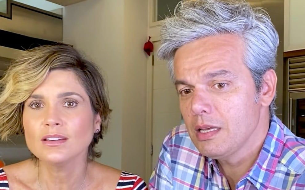 Flávia Alessandra e Otaviano Costa com expressões confusas, lado a lado
