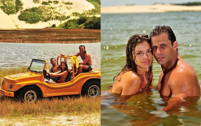 Montagem dos protagonistas de Flor do Caribe em passeio de buggy e na praia