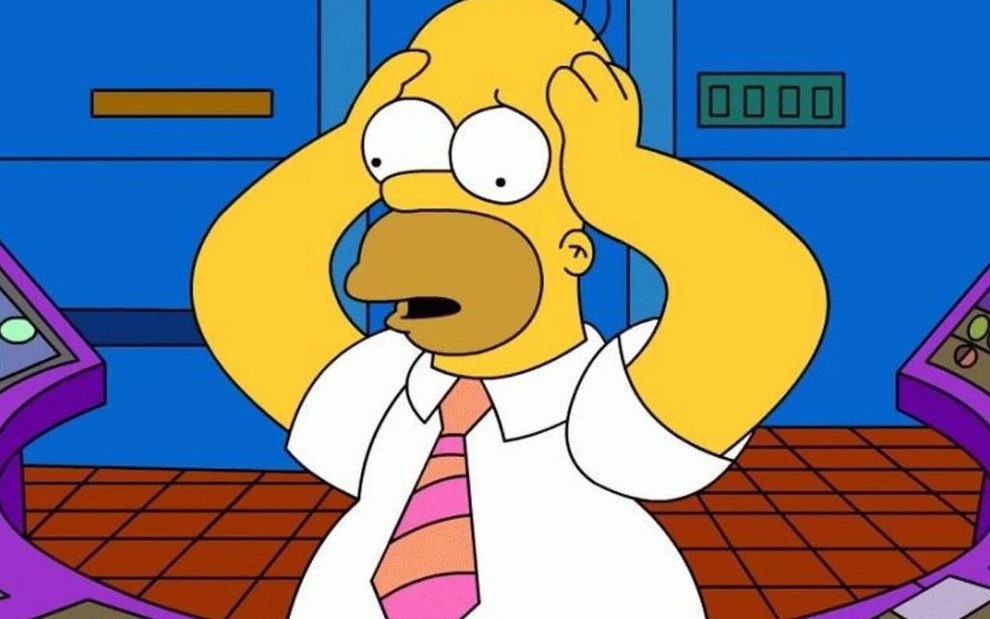 O personagem Homer Simpson desesperado em seu trabalho
