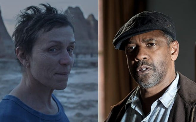 Montagem com Frances McDormand em cena de Nomadland e Denzel Washington em cena de Um Limite Entre Nós