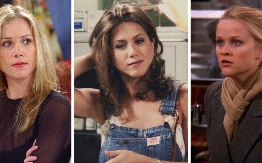 Christina Applegate emburrada, Jennifer Aniston pensativa e Reese Witherspoon brava em cenas da comédia Friends