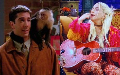 Ross (David Schwimmer) com Marcel no ombro e Lady Gaga caracterizada como Phoebe