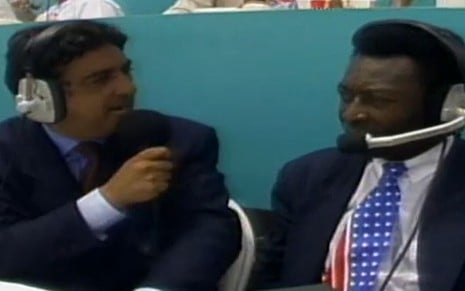 Galvão Bueno e Pelé na cabine de transmissão da final da Copa do Mundo de 1994, nos Estados Unidos