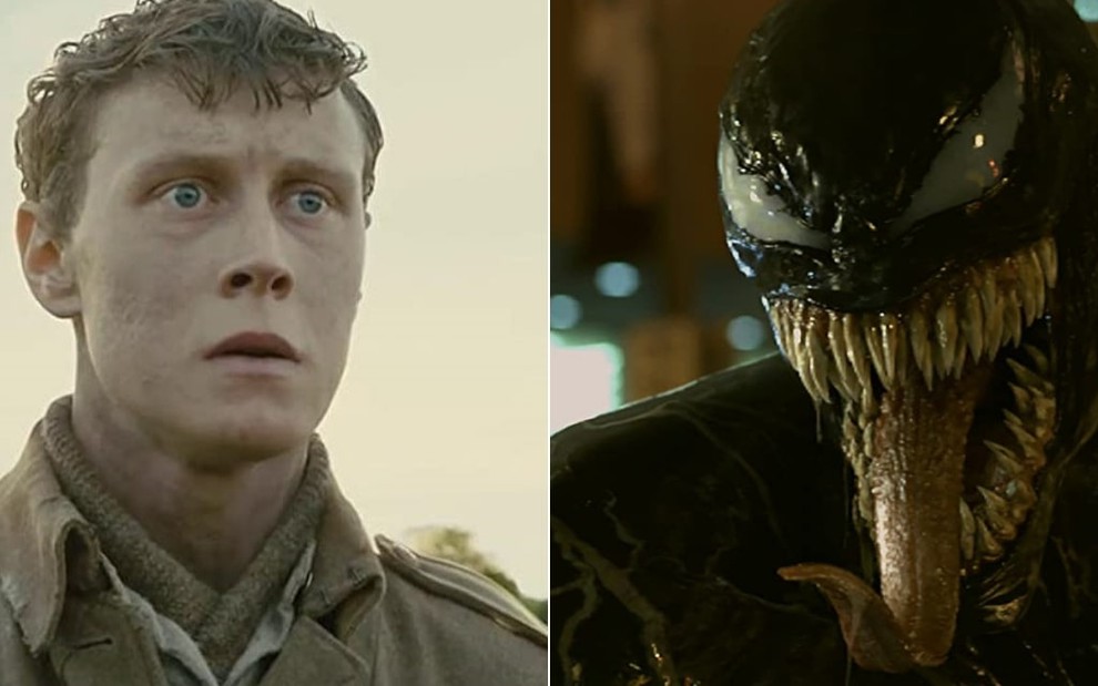Montagem com os atores George MacKay em 1917 (2019) e Tom Hardy em Venom (2018)