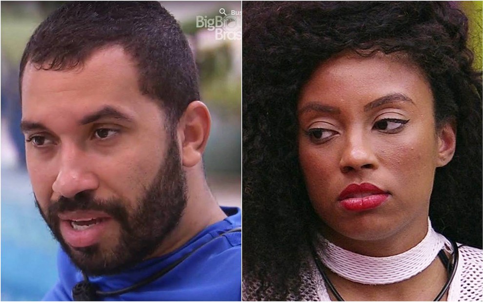 Na primeira foto: Gilberto usa camiseta azul e olha para o lado; na segunda foto: Lumena olha para o lado, está com o cabelo solto e usa blusa branca