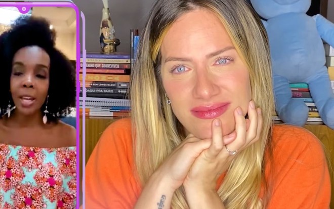 Imagem de Giovanna Ewbank chorando enquanto entrevista Thelma Assis