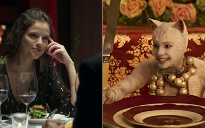 Montagem com fotos das atrizes Agatha Moreira e Francesca Hayward na novela A Dona do Pedaço e no filme Cats, respectivamente. As duas estão diante de pratos