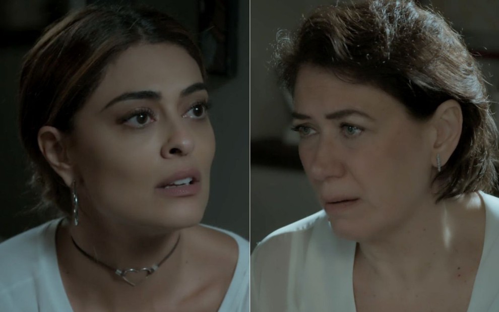Montagem das atrizes Juliana Paes e Lilia Cabral, ambas com expressões de tensão, em cenas de A Força do Querer