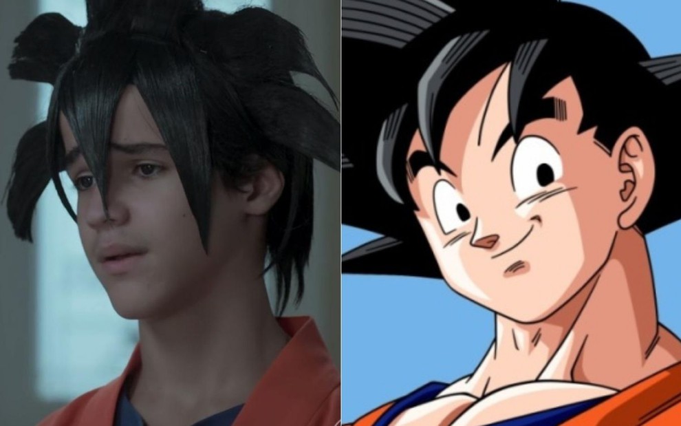 Montagem de fotos com o ator Drico Alves em cena da novela A Força do Querer, da Globo (à esquerda); e o personagem Goku, de Dragon Ball Z, (à direita)