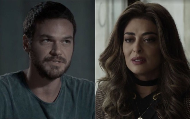 Montagem dos atores Emilio Dantas e Juliana Paes em cena de A Força do Querer