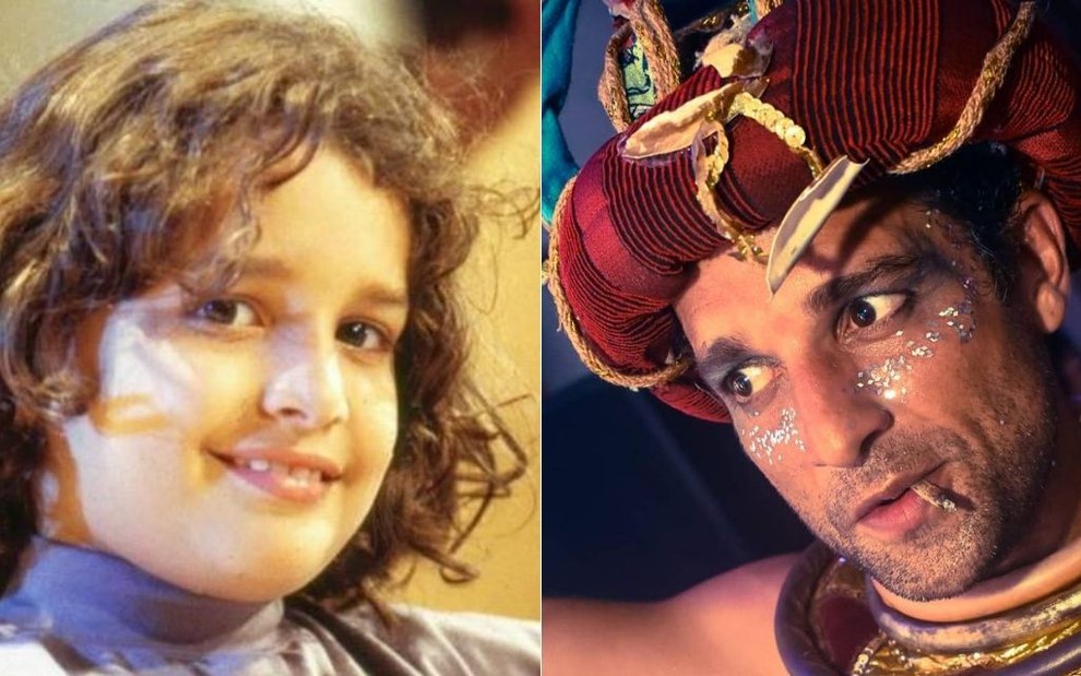 Montagem de fotos com o ator Daniel Ávial; à direita, aos 9 anos, como o personagem Dudu na novela A Viagem, e à esquerda atualmente aos 35 anos