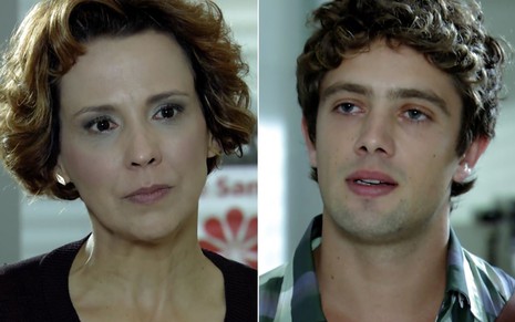 Montagem com a atriz Ana Beatriz Nogueira como Eva à esquerda e o ator Rafael Cardoso como Rodrigo em cena de A Vida da Gente
